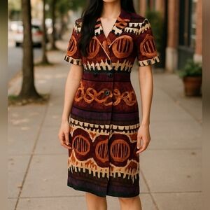 Anthony Mark Hankins Vtg Multicolor Short Sleeve Midi Grannycore Dress Sz 8M